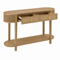 Oak Wood Console Table with Rattan Shelves and Drawers