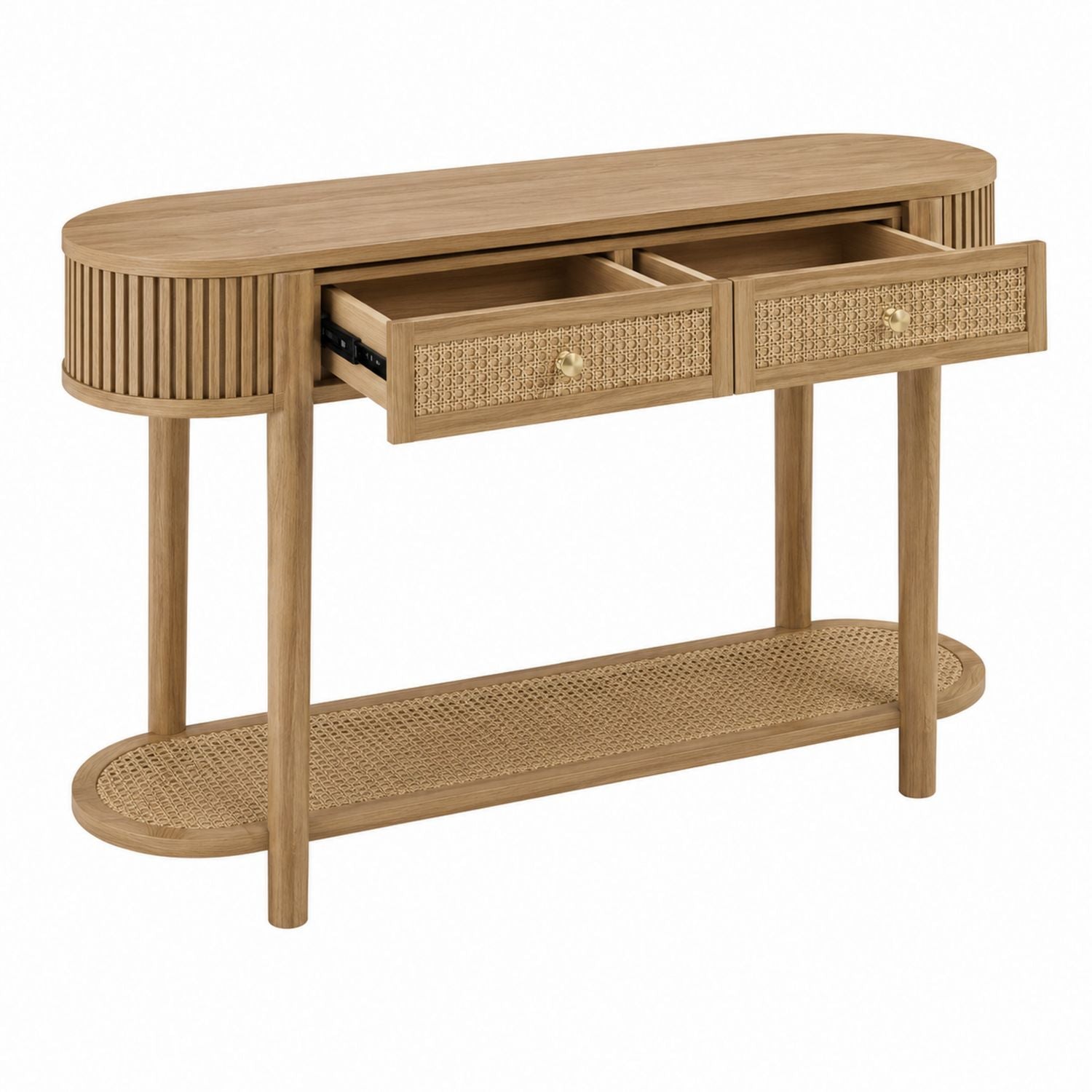 Oak Wood Console Table with Rattan Shelves and Drawers