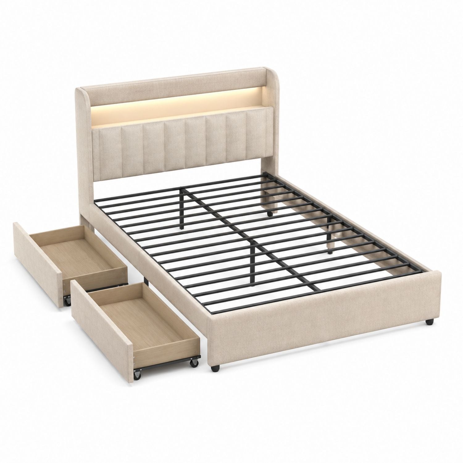 Beige Twin Bed with Metal, Fabric Upholstery, and Storage Drawers