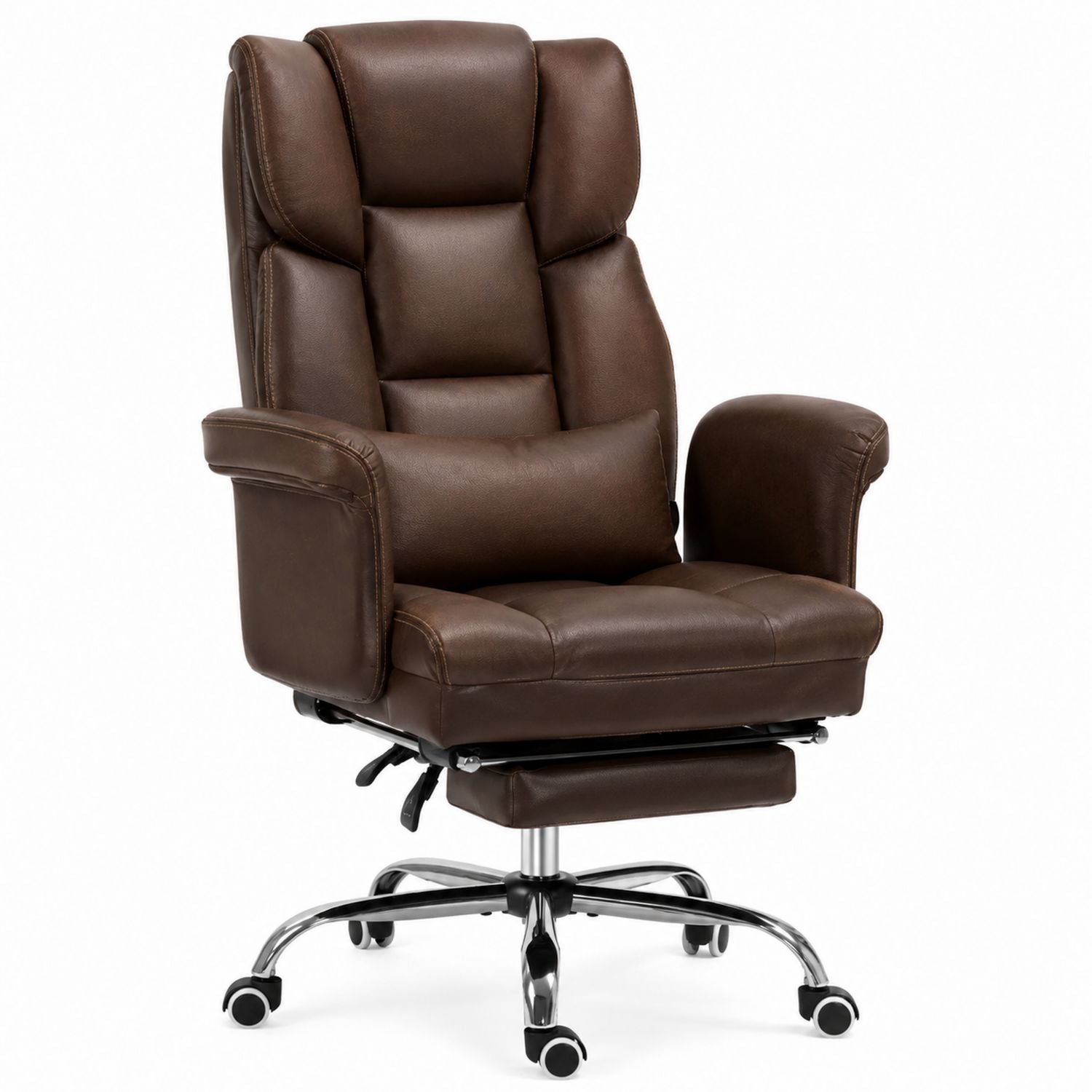 Brown PU Leather Reclining Office Chair with Adjustable Footrest