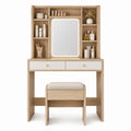Wood Vanity Table Set with LED Mirror and Stool in Light Oak