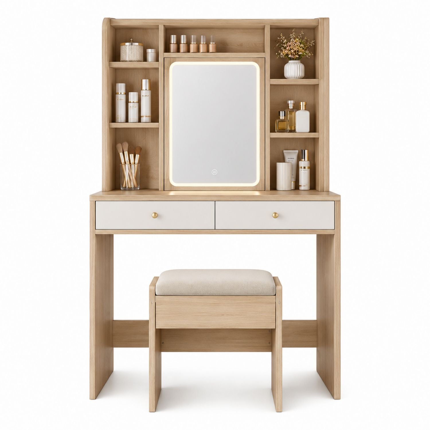 Wood Vanity Table Set with LED Mirror and Stool in Light Oak
