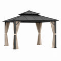 Outdoor Steel Frame Gazebo with Double-Tiered Polycarbonate Hardtop and Beige Polyester Curtains 3x3m