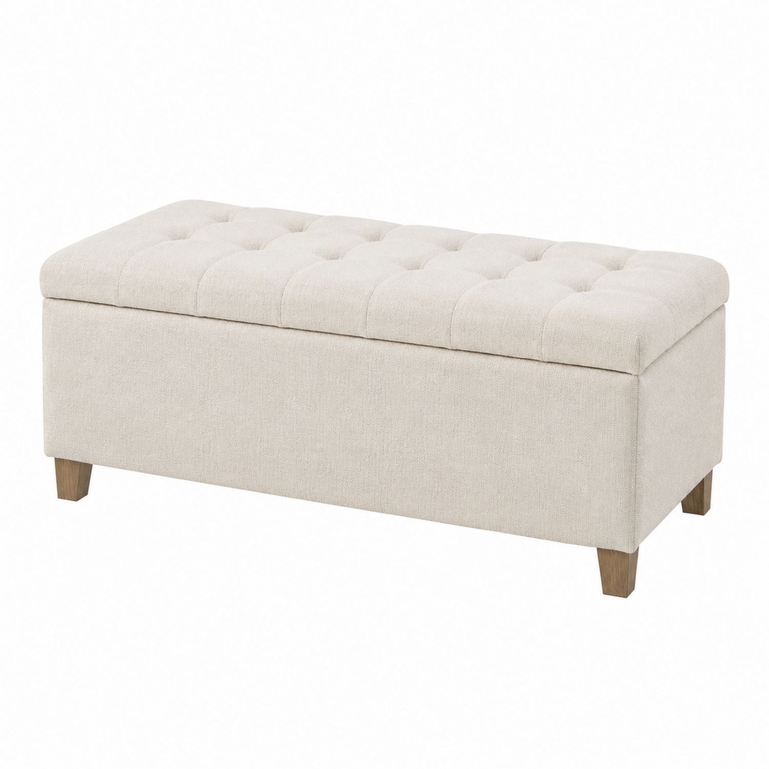 Beige Linen Upholstered Storage Bench with Wood Legs