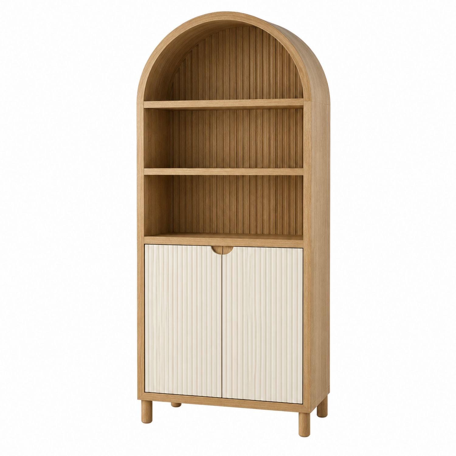 Arched Wood Bookcase with Shelves and Cabinet Natural Beech 180cm