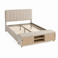 Upholstered Bed Frame with Headboard and Storage Beige Queen Size