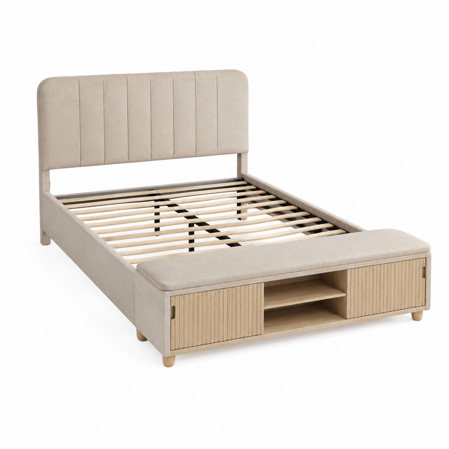 Upholstered Bed Frame with Headboard and Storage Beige Queen Size