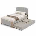 Linen Fabric Bed with Trundle and Solid Wood Legs