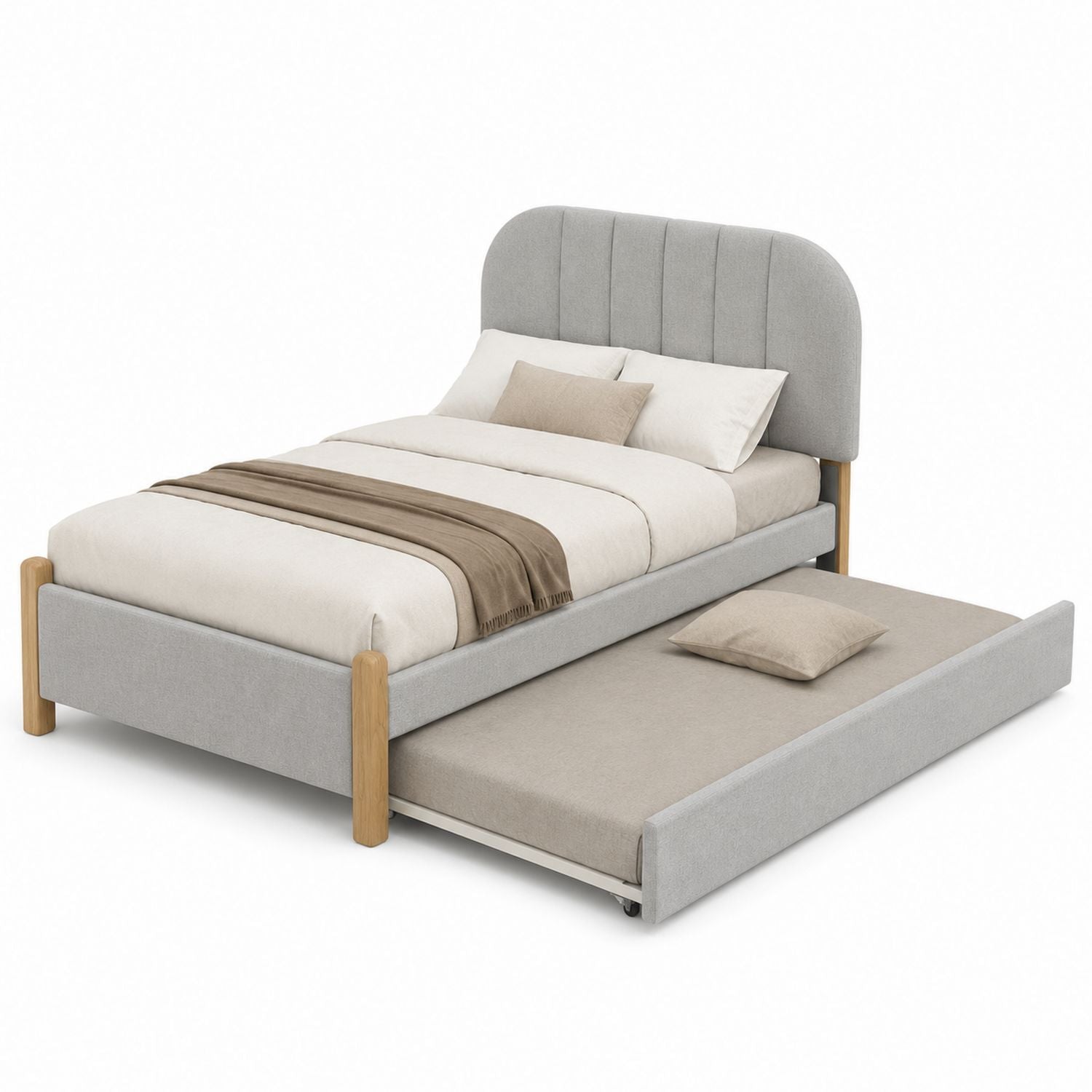 Linen Fabric Bed with Trundle and Solid Wood Legs