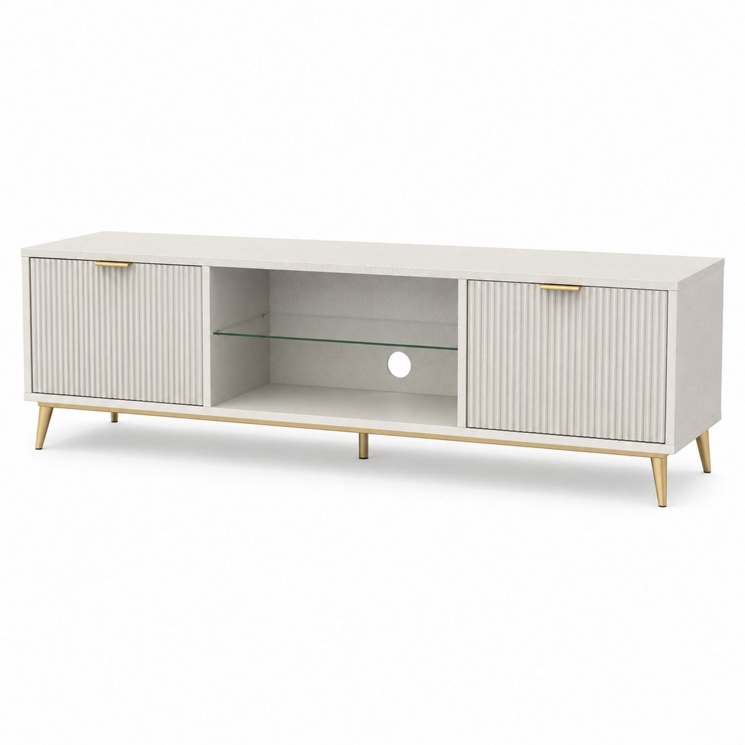 Modern Wood TV Stand with Tempered Glass Shelf 180cm White
