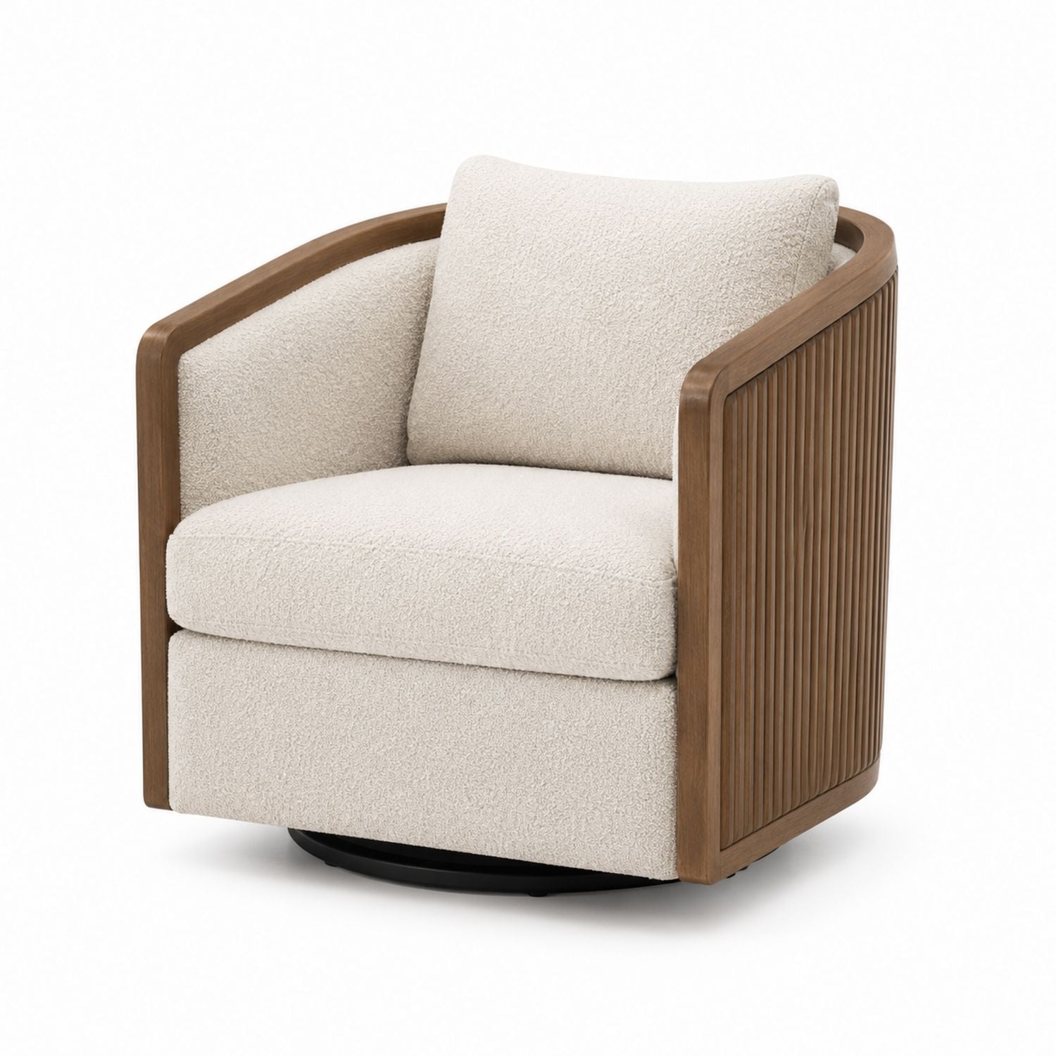 Walnut Frame Swivel Armchair with Bouclé Fabric