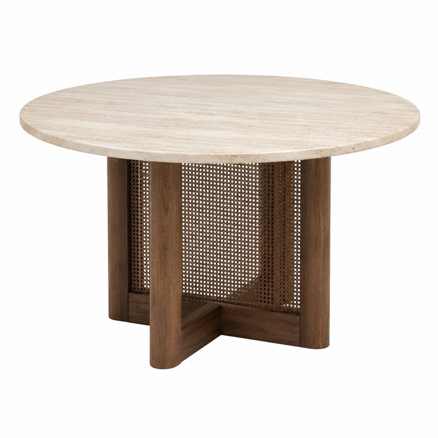 Round Dining Table with Travertine Top and Wood Cane Base 150cm
