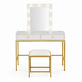 Vanity Set with Lighted Mirror and Stool Faux Marble White and Gold Metal