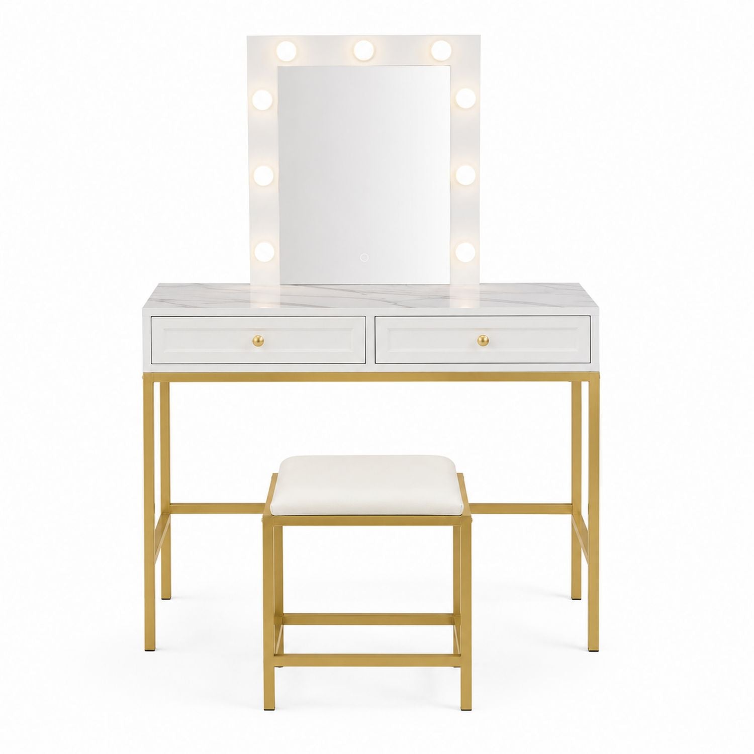 Vanity Set with Lighted Mirror and Stool Faux Marble White and Gold Metal