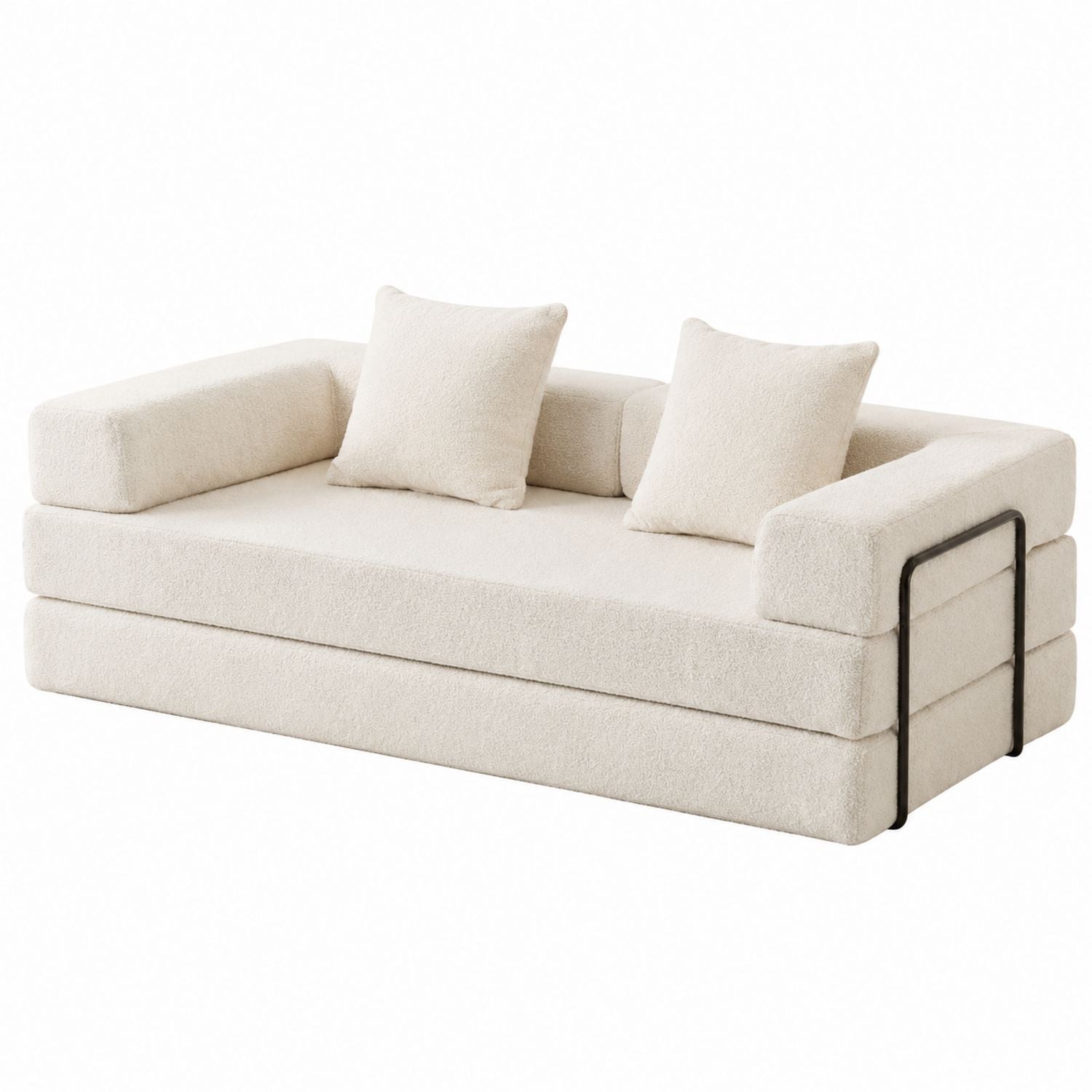 Beige Bouclé Fabric Sofa with Cushions, 210cm L x 95cm W x 85cm H