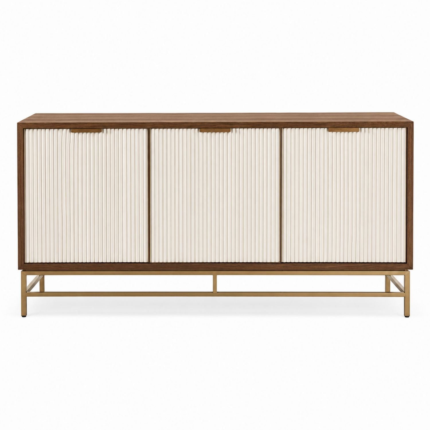 Wood and Ribbed Fabric Sideboard with Metal Base in Brown and Cream