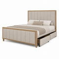 Queen Upholstered Platform Bed with Storage Drawers Solid Wood Frame Linen Beige